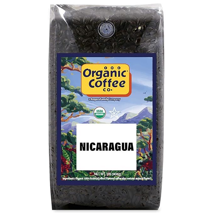 The Organic Coffee Co. Nicaragua Whole Bean Coffee is a 2lb bag containing 32 ounces of medium-light roasted coffee. This coffee is USDA certified organic, meaning it is grown without the use of synthetic chemicals or pesticides. The beans are sourced from Nicaragua, an area known for producing high-quality coffee beans.