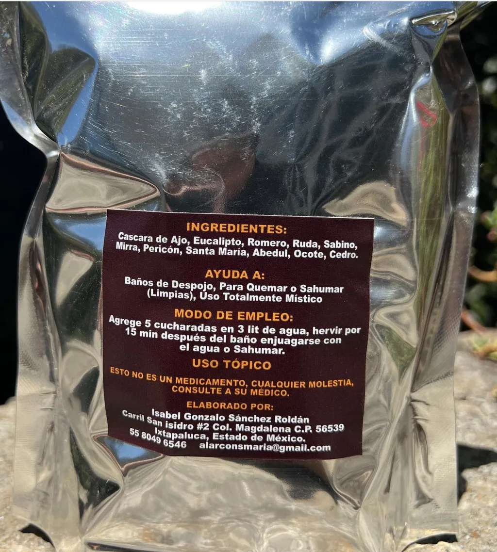 Mystical use: For cleansing baths. Also use it for smudging (cleansings)
With Garlic peel, Eucalyptus, Rosemary, Rue, Sabino, Myrrh, Pericón, Santa María, Birch, Ocote and Cedar.