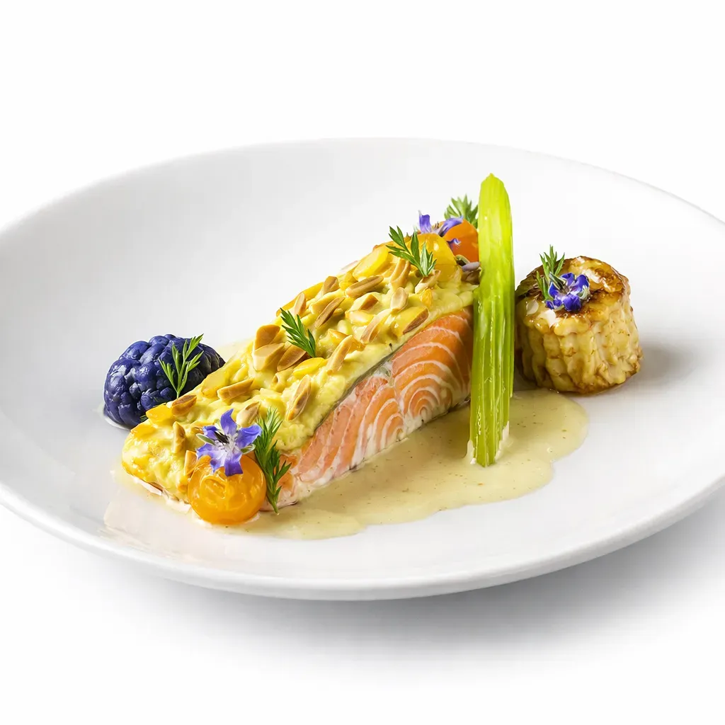 A gourmet French dish featuring delicate trout fillets wrapped in celeriac, served with a luxurious Chablis emulsion and a side of vibrant vegetables.