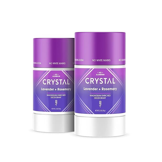 Crystal Deodorant Magnesium Solid Stick is a natural deodorant made with magnesium and essential oils. This pack includes two 2.5 oz sticks of Lavender + Rosemary scented deodorant. The formula is free of aluminum, parabens, and artificial fragrances, making it a safe and effective option for those looking to switch to a natural deodorant.
