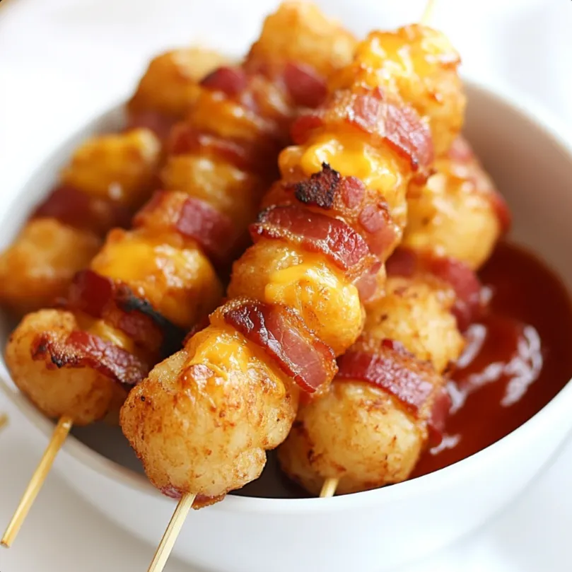 Tater Tot Skewers - Crispy, bacon-wrapped is a playful take on the classic tater tot, transforming them into a crave-worthy appetizer perfect for any gathering. This recipe involves wrapping bacon strips around individual tater tots, skewering them, and then baking until the bacon is crisp and the tots are golden brown.