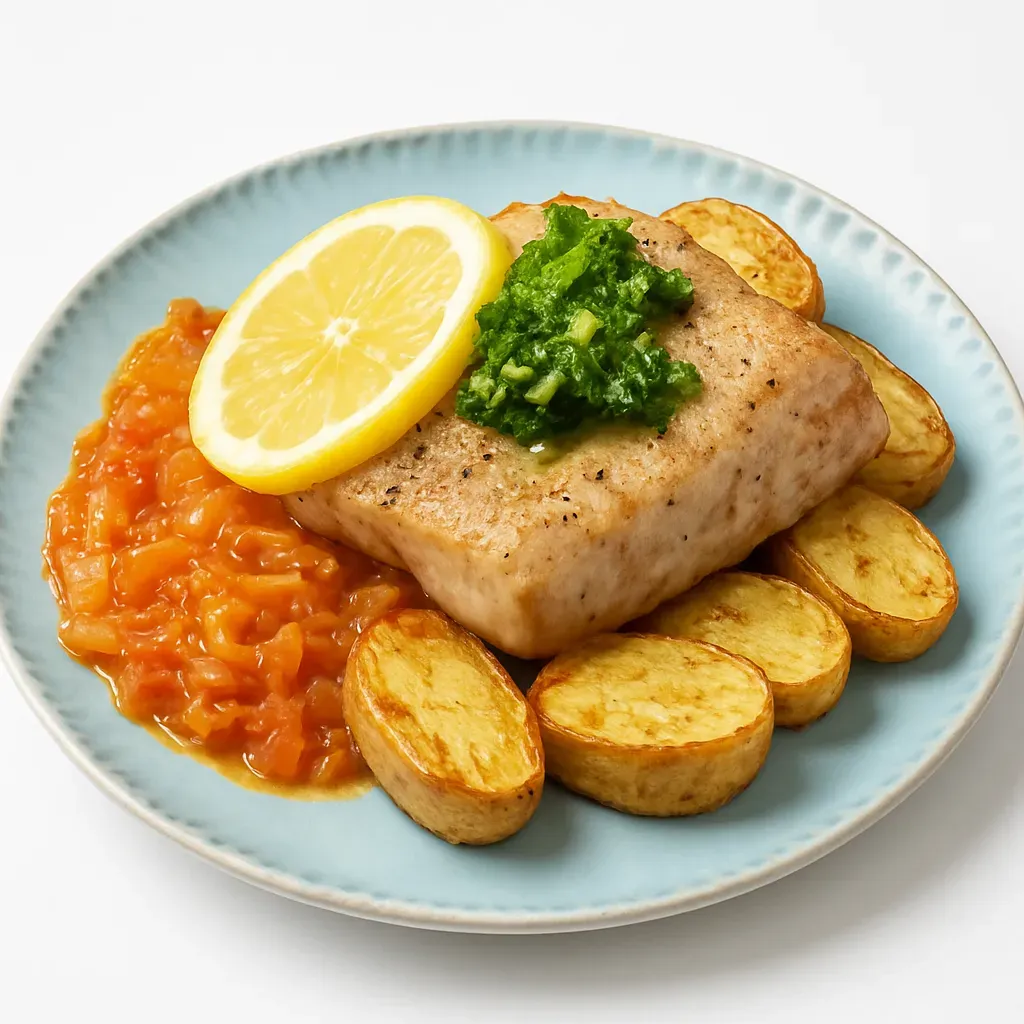 Experience the delightful flavors of Germany with this elegant dish featuring tender catfish fillet paired with crispy oven-roasted potatoes and a savory tomato-onion sauté, topped with a zesty parsley-lemon oil.