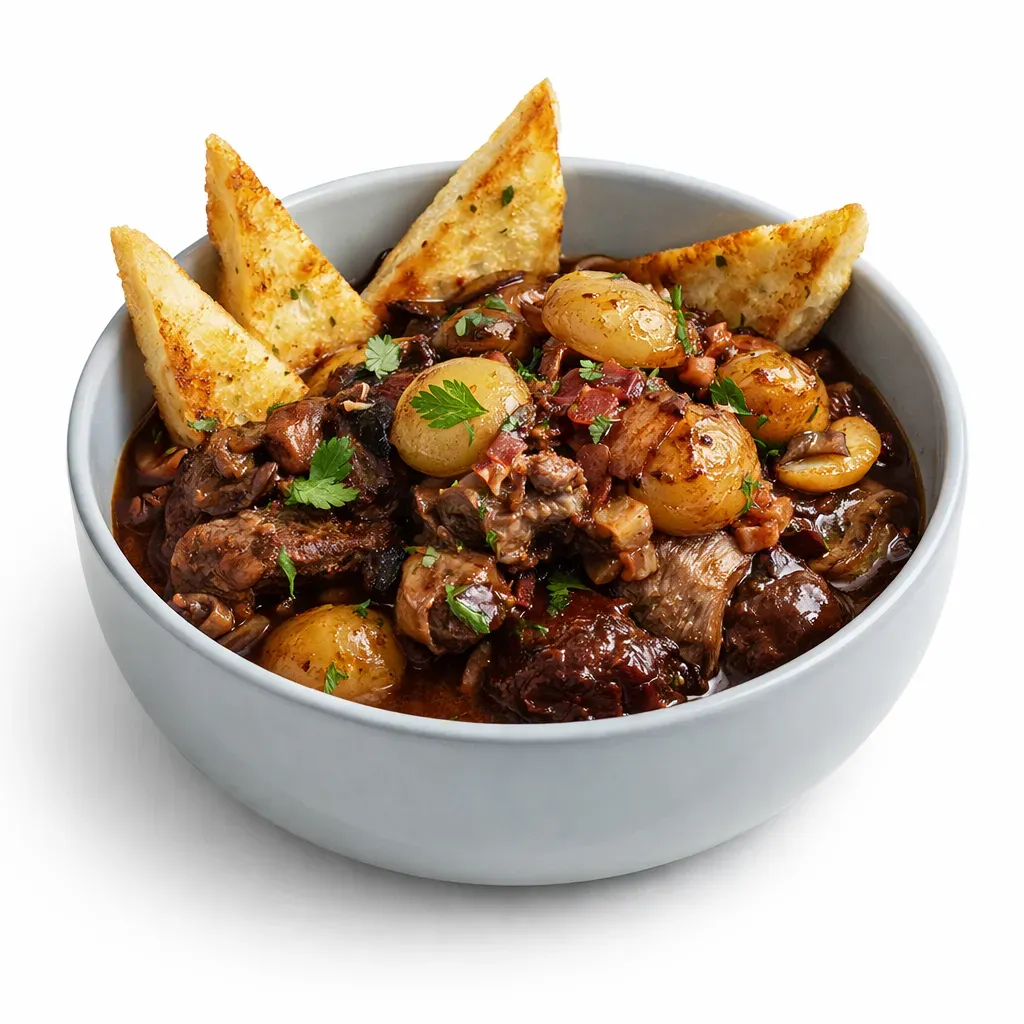 Experience the classic flavors of French cuisine with this Coq Au Vin recipe—chicken pieces are marinated in a rich red wine concoction, braised to perfection, and elegantly garnished with pearl onions, pancetta, and mushrooms.