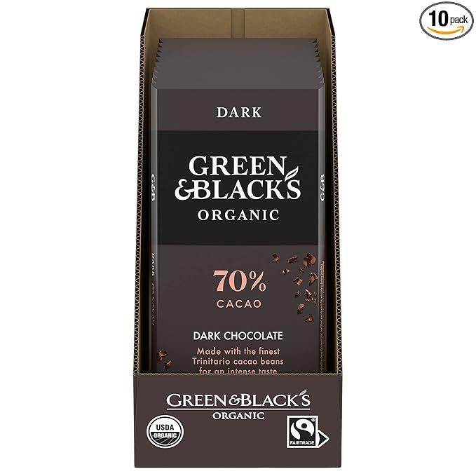 Green & Black's Organic Dark Chocolate Bar with 70% Cacao is made with the finest organic ingredients, creating a rich and indulgent taste experience. Each bar weighs 3.17 oz and there are 10 bars included in the pack, making it perfect for sharing or enjoying on your own.