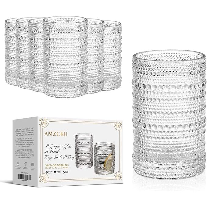 Amzcku offers a superior quality glassware set, prioritizing quality above all else. Made with premium quality glass that is BPA-free and lead-free, this set is healthy and safe for daily use. The material is durable and strong, with higher impact resistance than ordinary glasses.