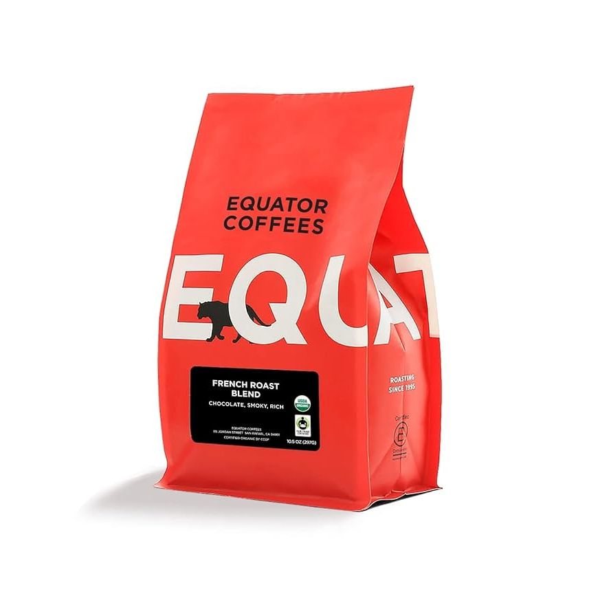 Equator Coffees French Roast Blend is a dark roast organic ground coffee with bittersweet chocolate and plum flavor notes. This sustainably sourced and fair trade certified coffee is freshly roasted in a 10.5 oz bag, ensuring the highest quality and freshness for your morning cup of joe.