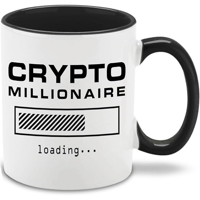 The shop4ever Crypto Millionaire Loading Ceramic Coffee Mug Cup is a funny and unique gift for digital currency enthusiasts. It holds 11 oz. of liquid and features a sleek black handle for easy gripping. The mug is made of high-quality ceramic and is both microwave and dishwasher safe.