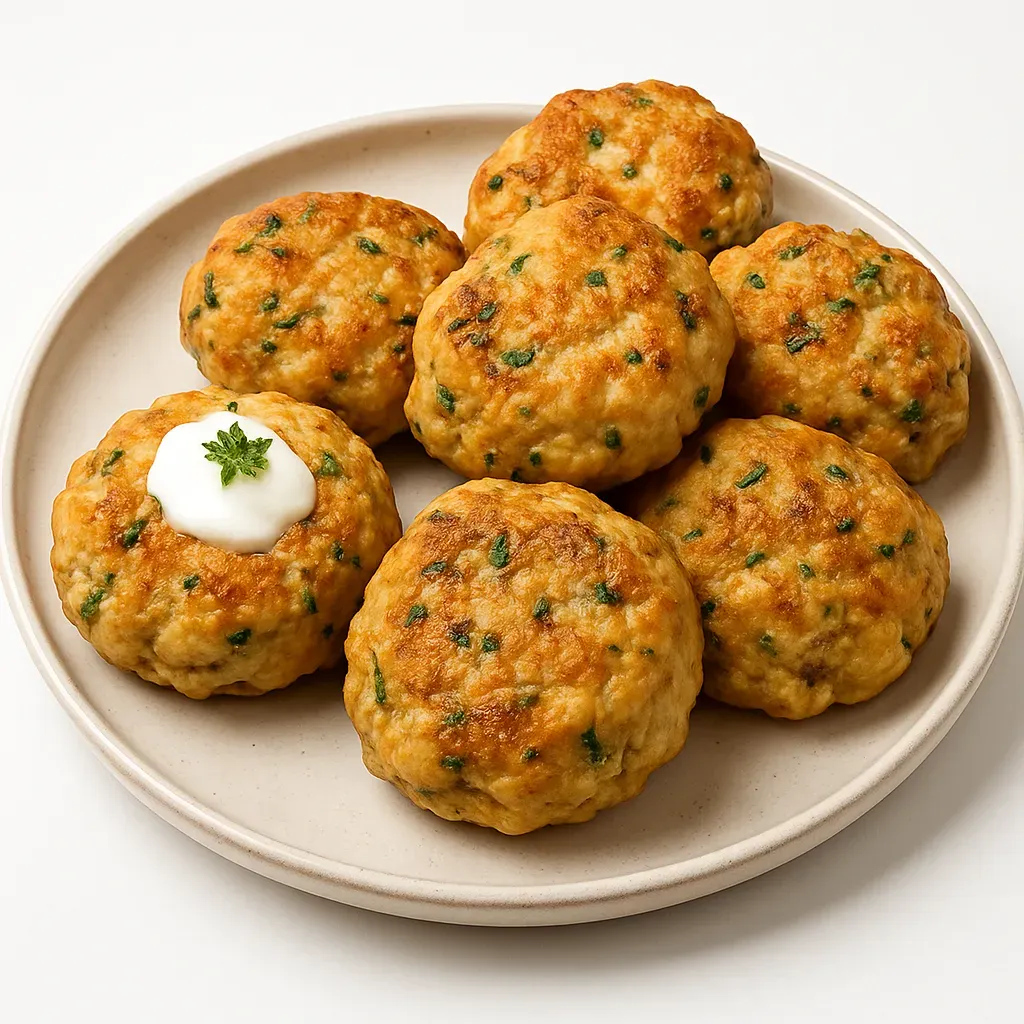Authentic Tyrolean cheese-packed bread dumplings paired with refreshing mint quark, reflective of mountain hut cuisine from the Austrian Alps.
