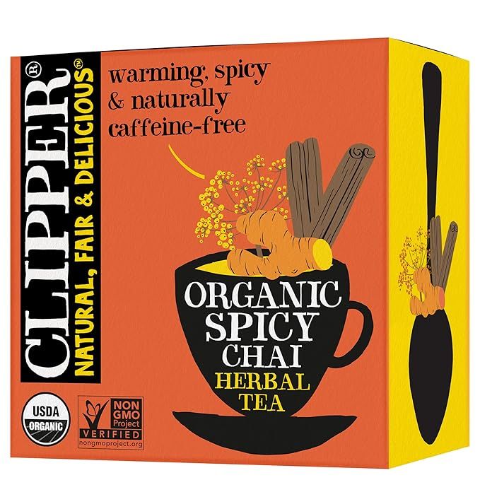 Clipper Tea Spicy Chai Herbal Tea is a caffeine-free herbal tea that is USDA organic certified. This warming and spicy blend is perfect for those looking for a natural and delicious tea option. Each box contains 50 tea bags, making it convenient for daily use.