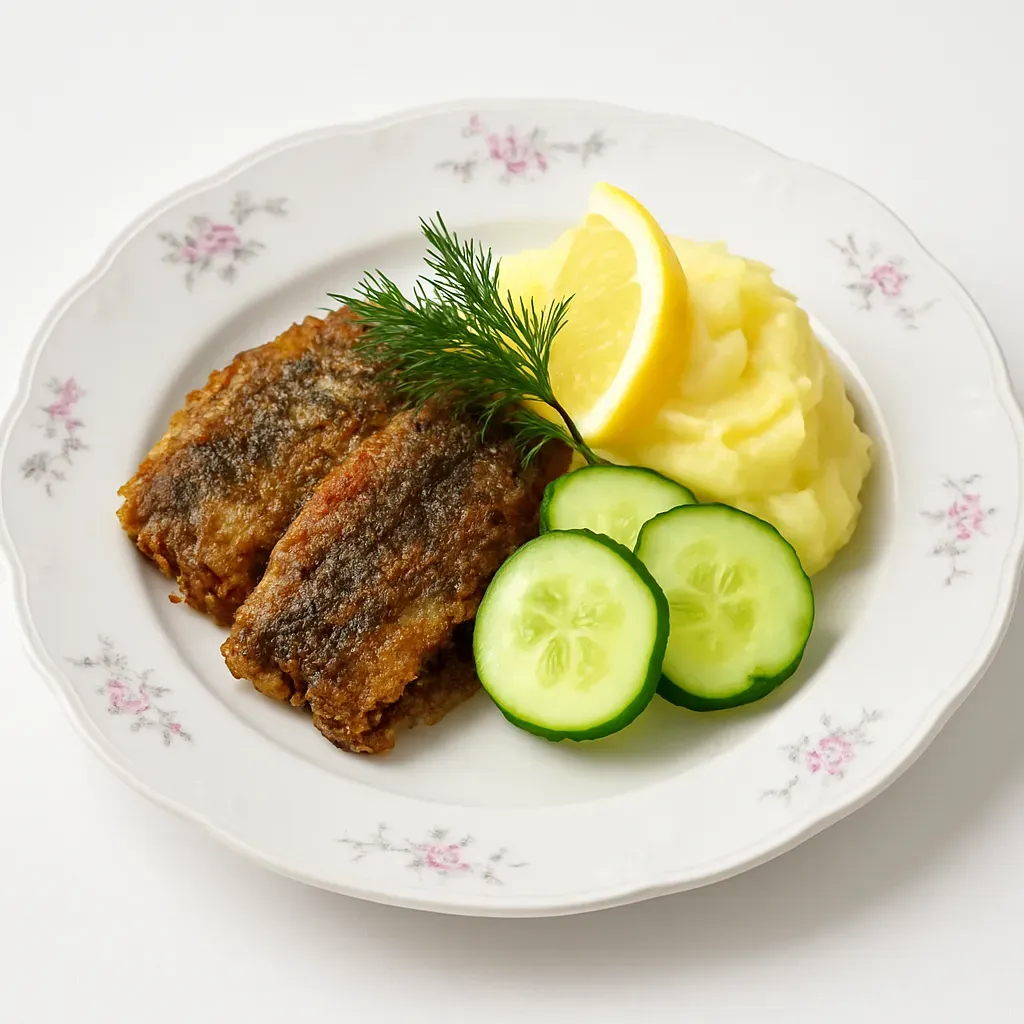 Experience the authentic flavors of Sweden with this traditional dish combining crispy fried herring filled with dill butter, creamy mashed potatoes, and tangy pressed cucumber.