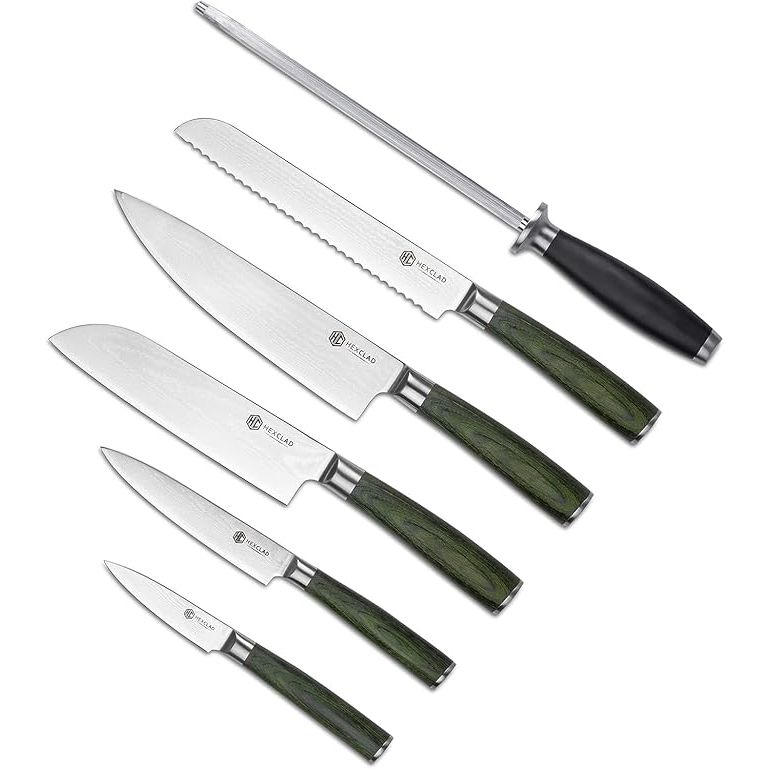 The HexClad Essential Knife Set is a high-quality 6-piece set that includes all the essential knives for any kitchen. The set features Japanese Damascus stainless steel blades, known for their sharpness and durability. This type of steel is also resistant to rust and stains, making these knives easy to care for and maintain.