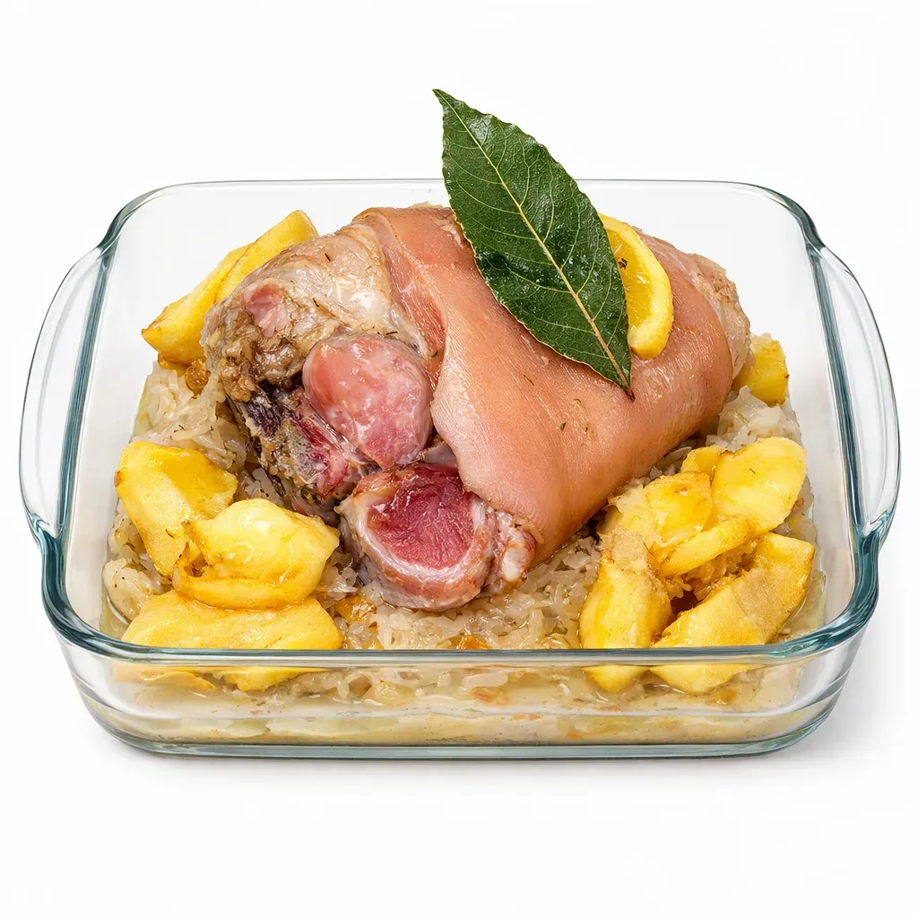 Experience a taste of Alsatian elegance with our Pork Knuckle with Sauerkraut and Apples. This traditional French dish marries savory and sweet flavors, showcasing tender pork knuckle atop a bed of tangy cider-infused sauerkraut, complemented by golden, buttery apples. Perfect for a comforting dinner that promises to impress.