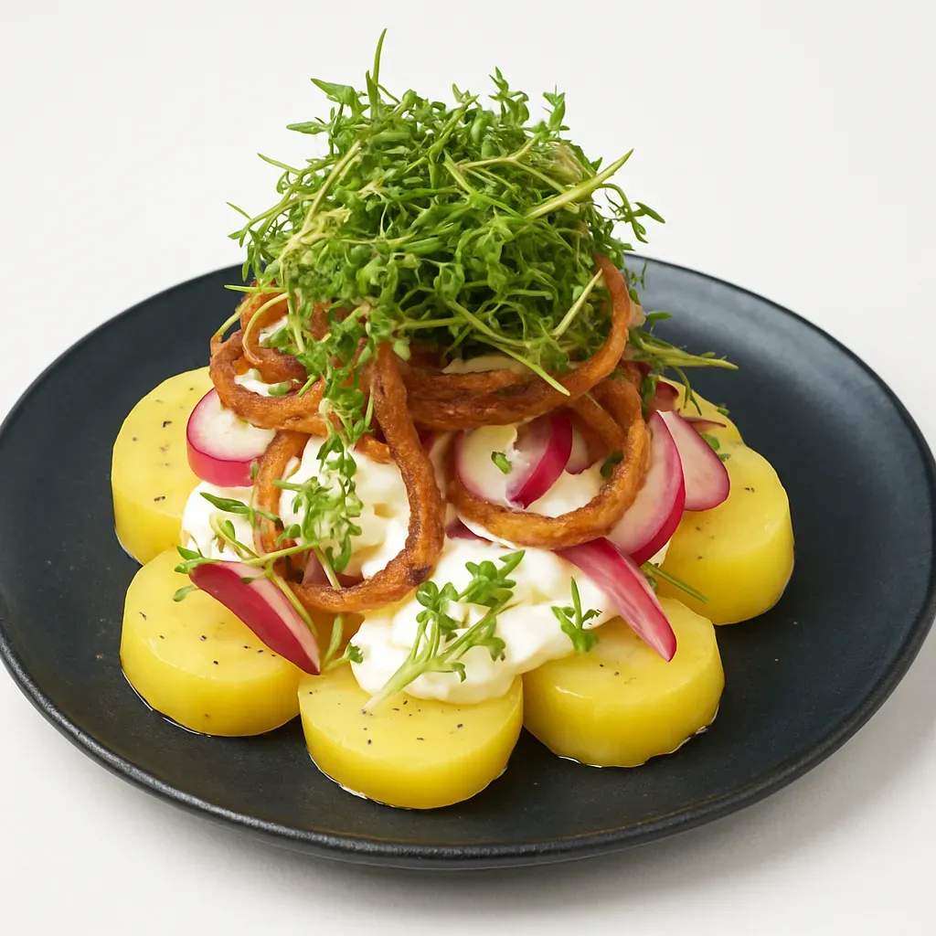 Experience a traditional Nordic delight with this open-faced potato sandwich. Layers of tender new potatoes on earthy rye bread with LINIE-infused mayonnaise, pickled red onions, crispy onion rings, and fresh cress create a perfect savory appetizer or light meal.