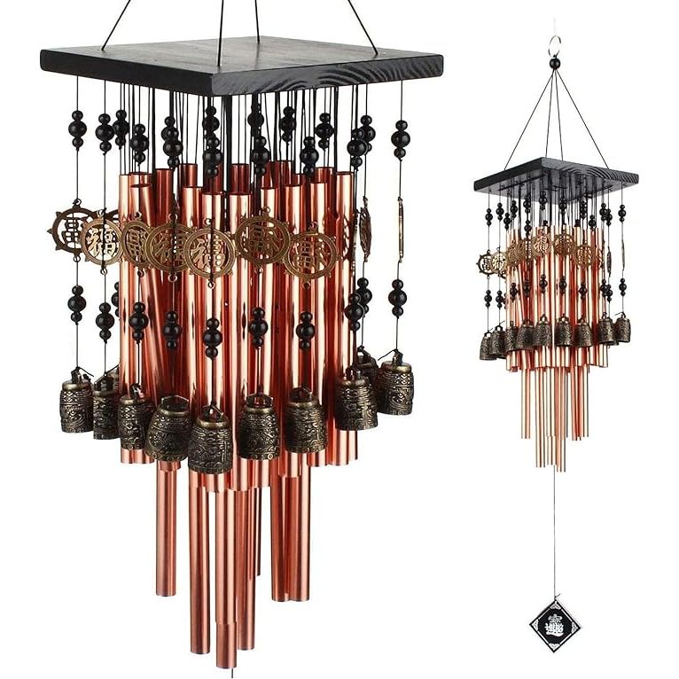 The Wind Chimes Unique Design is a beautifully crafted outdoor decoration made with high-quality materials such as pine, bronze tubes, bronze bells, pendants, and beads. The 28 copper anodized alumina tubes provide unique tones when they collide, creating a beautiful and harmonious sound that is both relaxing and pleasant.