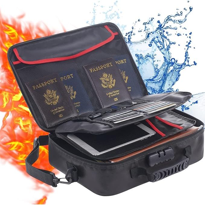 Keep your important documents safe and secure with our Water-resistant & Fireproof Document Safe Bag Set. This set includes a Fire Safe Box with Code Lock and a Fireproof Money Bag for Cash, both made of dual-layer FIBERGLASS that can withstand high temperatures up to 2000 ℉.