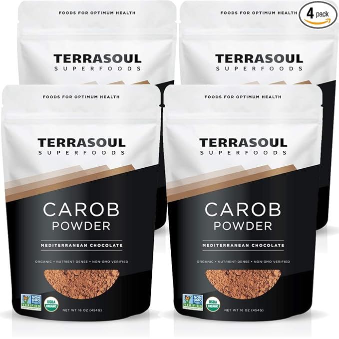 Terrasoul Superfoods Organic Carob Powder is a natural, gluten-free alternative to cocoa powder. It is made from the pods of the carob tree and is rich in fiber, making it a nutritious choice for those looking to increase their fiber intake. This 4-pound pack contains four individual bags, each containing organic carob powder.