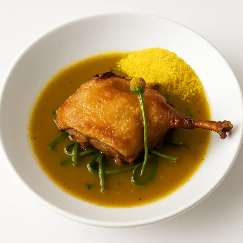 A traditional Brazilian dish featuring roasted duck served with tucupi broth and jambu leaves, finished with a spicy pepper sauce.