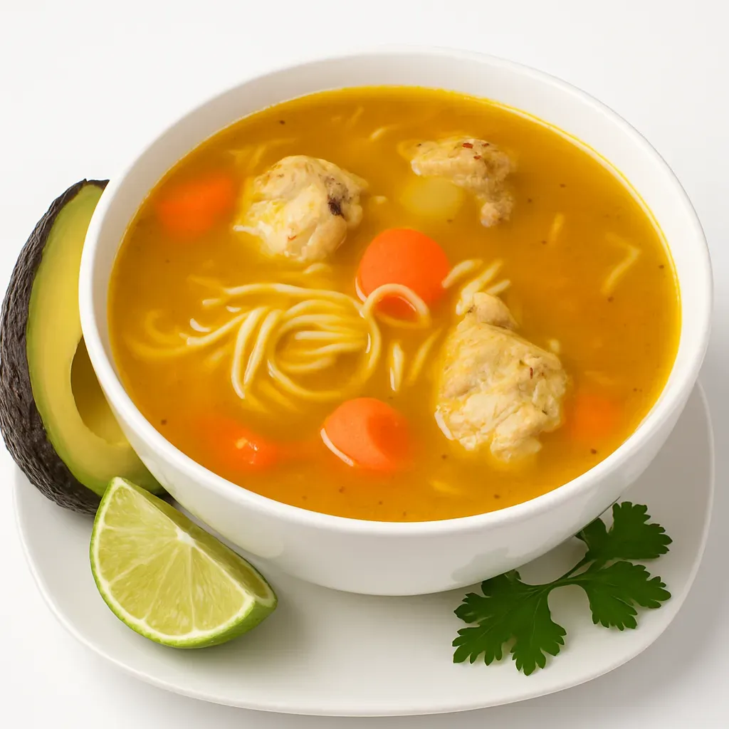A hearty chicken noodle soup from the Dominican Republic, perfect for cold days or when feeling under the weather. Infused with rich flavors and nourishing ingredients.