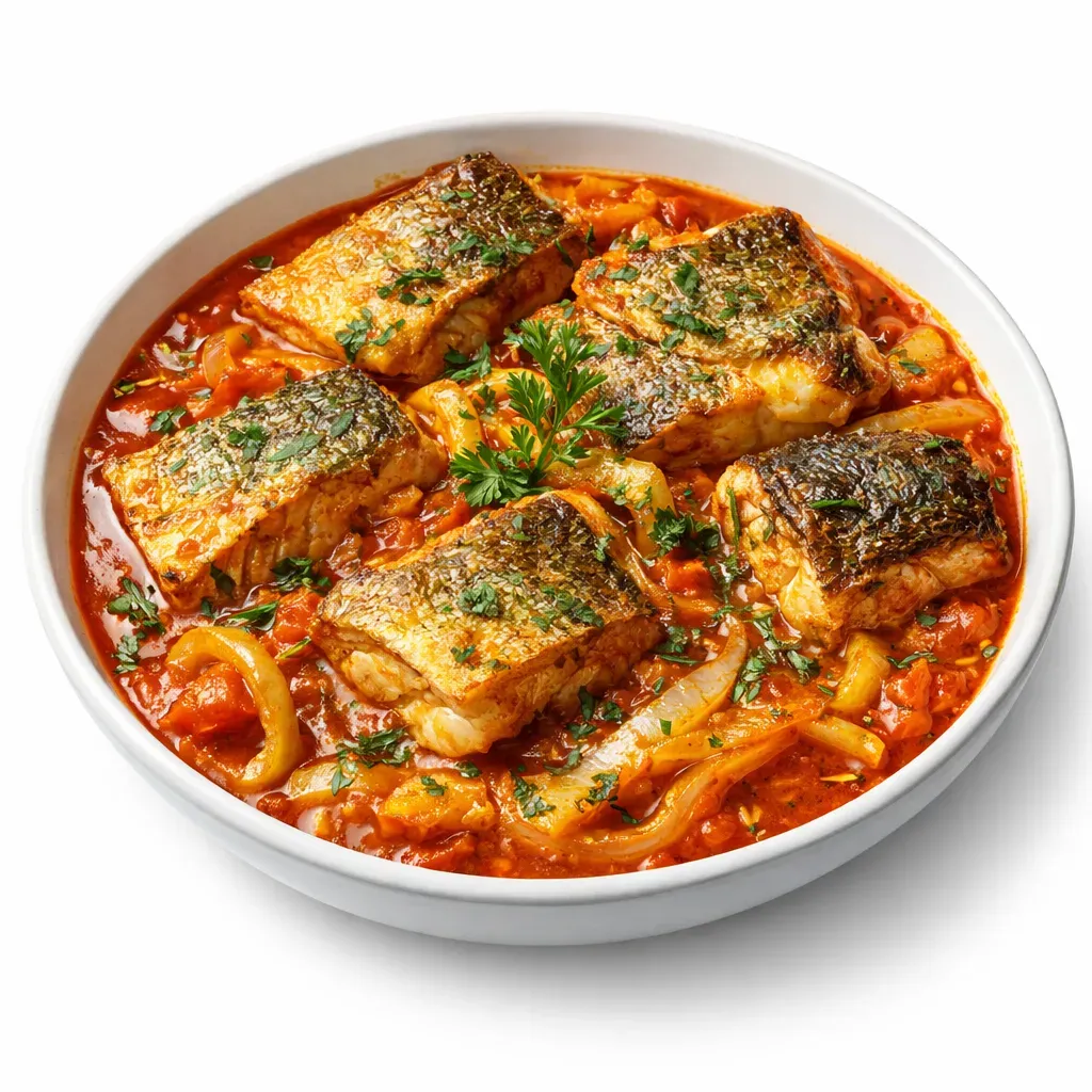 Immerse yourself in the vibrant and savory experience of this Colombian fish stew, where Sierra fish meets a rich tomato sauce, enhanced with aromatic herbs, perfect for a comforting main course.