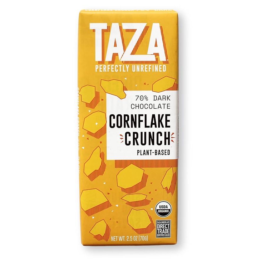 Taza Chocolate Organic Smooth & Crunchy Bars are made with 70% stone ground organic chocolate and cornflake crunch for a unique and satisfying flavor experience. Each bar is 2.5 ounces and comes in a pack of 10, making it perfect for sharing or enjoying on the go.