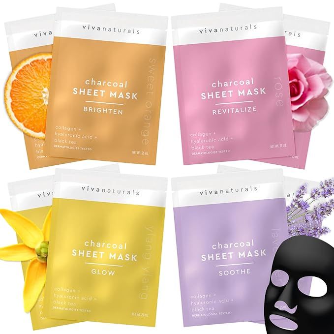 The Viva Naturals Charcoal Face Mask Set contains 8 face masks that are infused with collagen and hyaluronic acid, designed to provide intensive hydration and brightening effects to the skin. Each pack includes four different varieties of facial sheet masks, each targeting specific skin concerns such as dryness, dullness, and uneven skin tone.