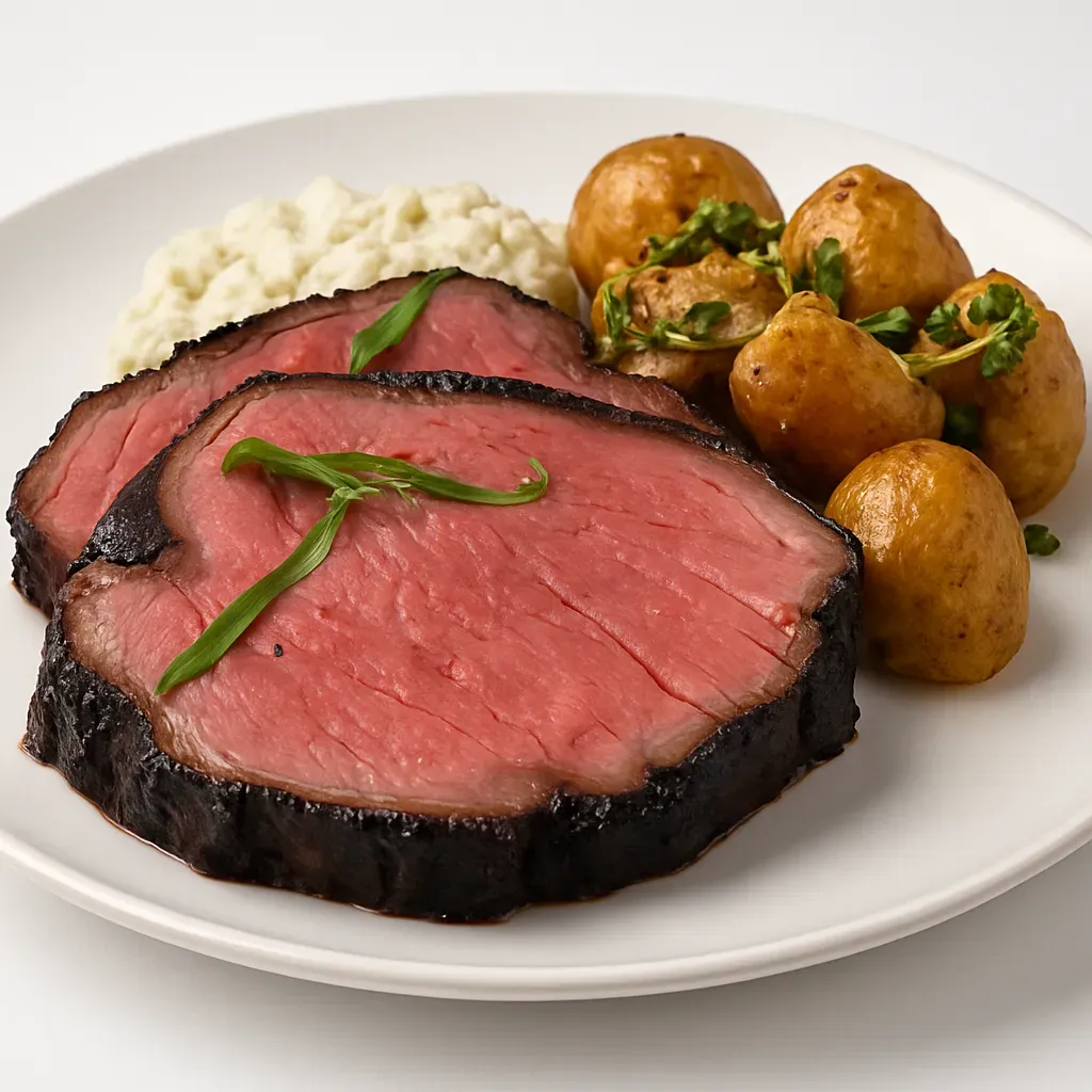 A festive and flavorful Icelandic dish featuring roasted lamb leg marinated in blueberries and herbs, served with a warm salad of potatoes, Brussels sprouts, and walnuts, along with a refreshing cucumber and horseradish sauce.