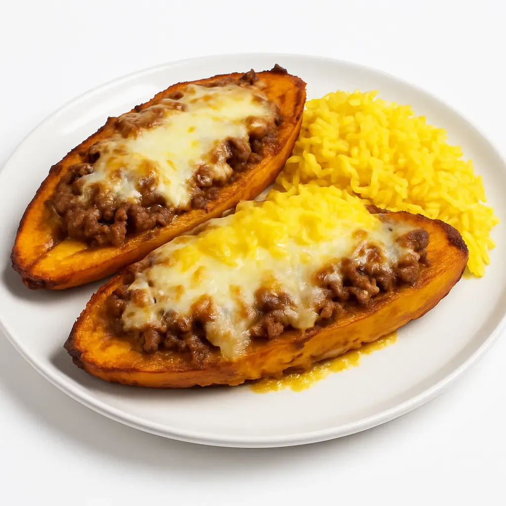 Immerse yourself in the vibrant flavors of Puerto Rico with Canoas de Plátano Maduro, a delightful dish pairing sweet, golden-fried plantains with savory picadillo beef and melty cheese.