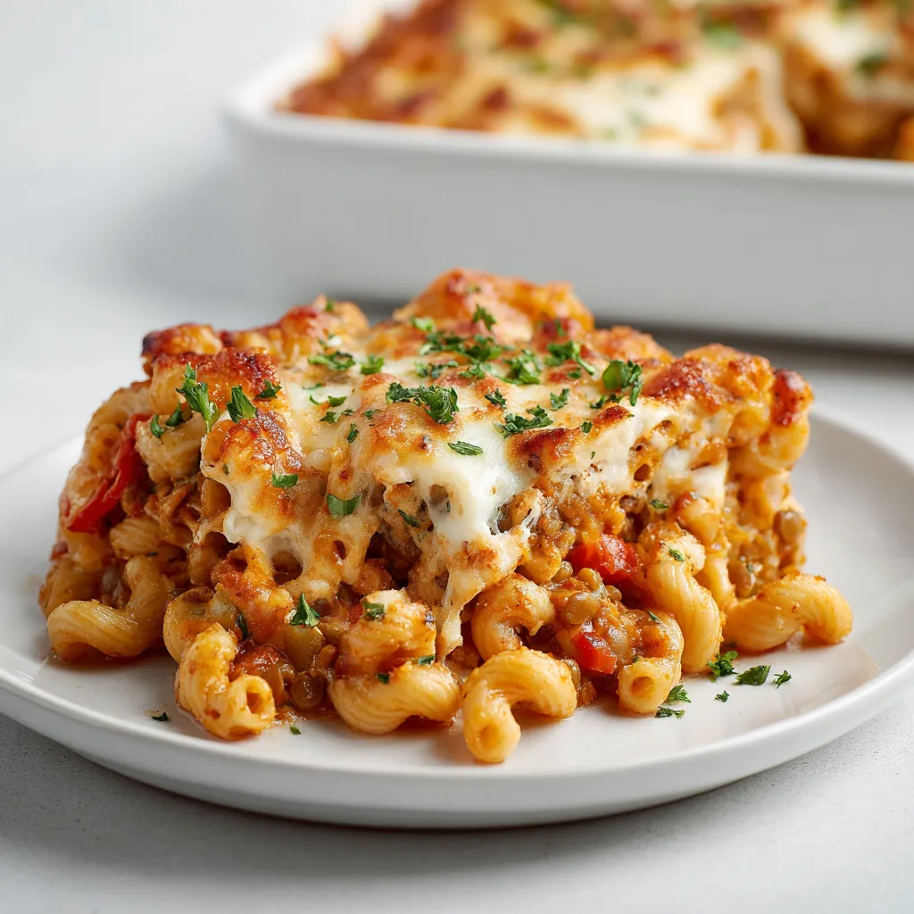 A comforting, cheesy, and protein-packed meal that's perfect for meal prep, made with hearty lentils and tender vegetables.