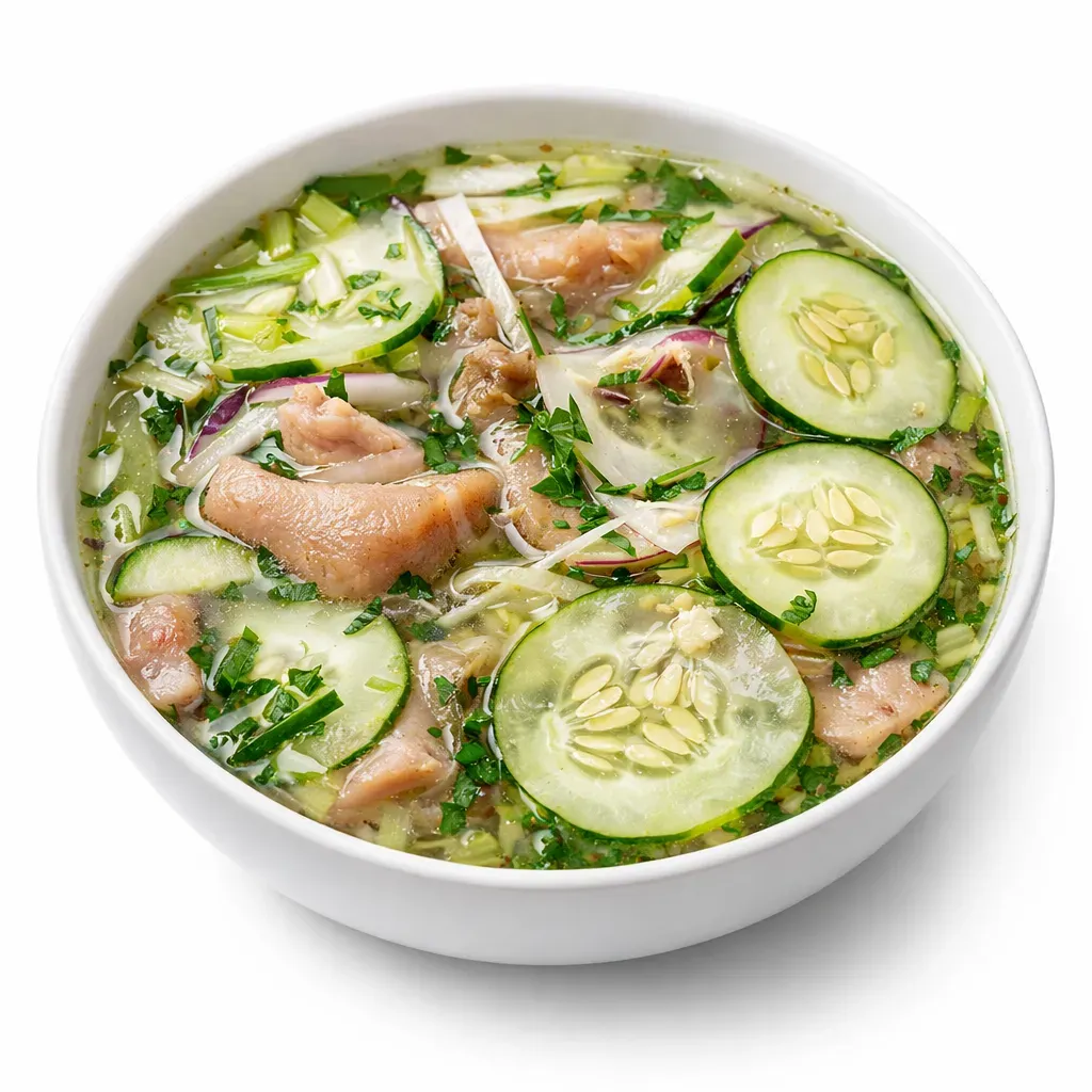 A traditional Dominican dish featuring tender pickled pigs' feet mixed with vibrant herbs and spices, perfect as an appetizer or light meal.