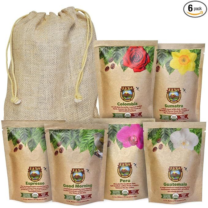 The Java Planet Organic Coffee Sampler Pack is a set of 6 different varieties of whole bean Arabica gourmet coffee. Each pack contains 3.2 ounces of coffee, totaling to 1.32 pounds of coffee in total. The coffee beans are organically grown and sourced from small family farms that use sustainable farming practices.