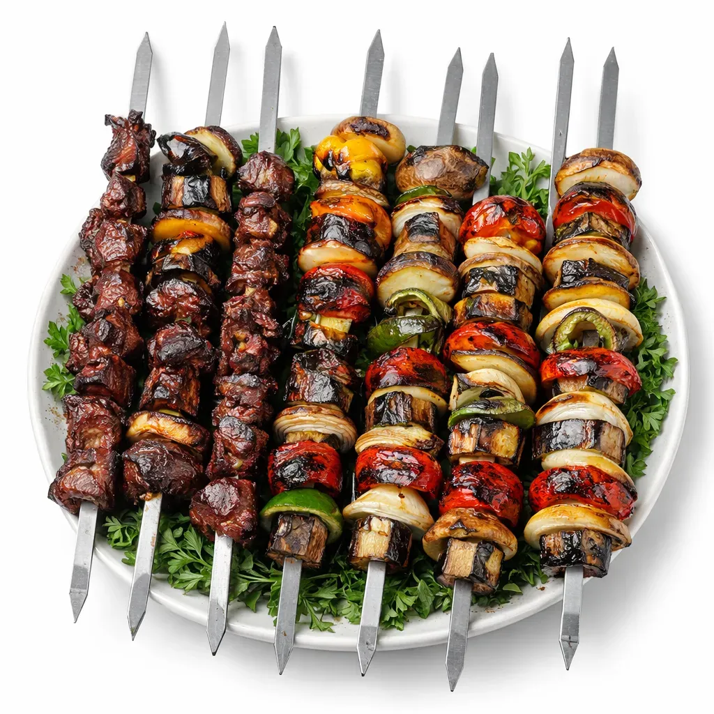A traditional and richly flavored dish from Iranian/Azerbaijani cuisine featuring grilled lamb organs and vegetables.