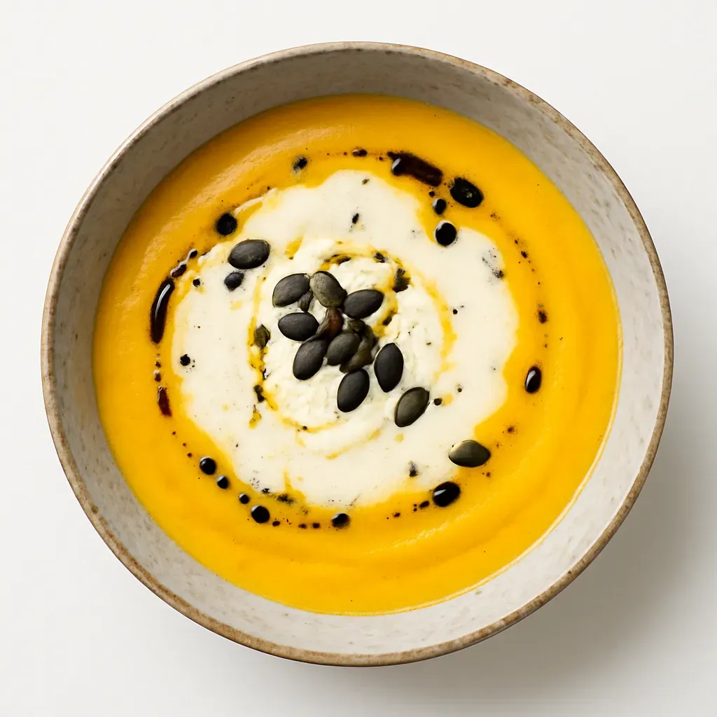 This creamy pumpkin soup, inspired by traditional Austrian "Beisl" tavern dishes, is a warm hug in a bowl. It features rich, earthy flavors complemented by a splash of white wine and nutmeg, and is topped with whipped cream, Styrian pumpkin seed oil, and crunchy pumpkin seeds for an elegant touch.