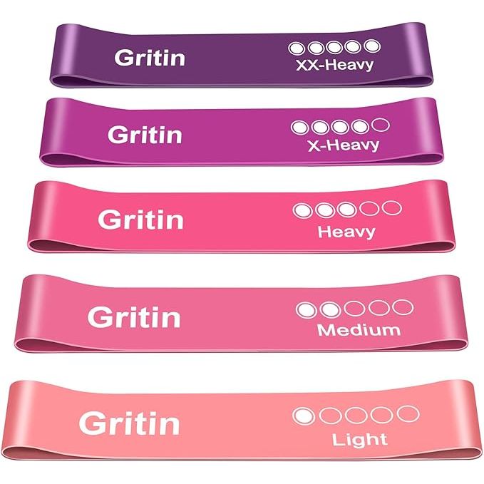 The Gritin Resistance Bands set is a versatile fitness accessory designed to cater to a range of workout intensities and exercises, making it suitable for both beginners and seasoned athletes. The set includes five loop bands, each varying in resistance level, indicated by specific colors.