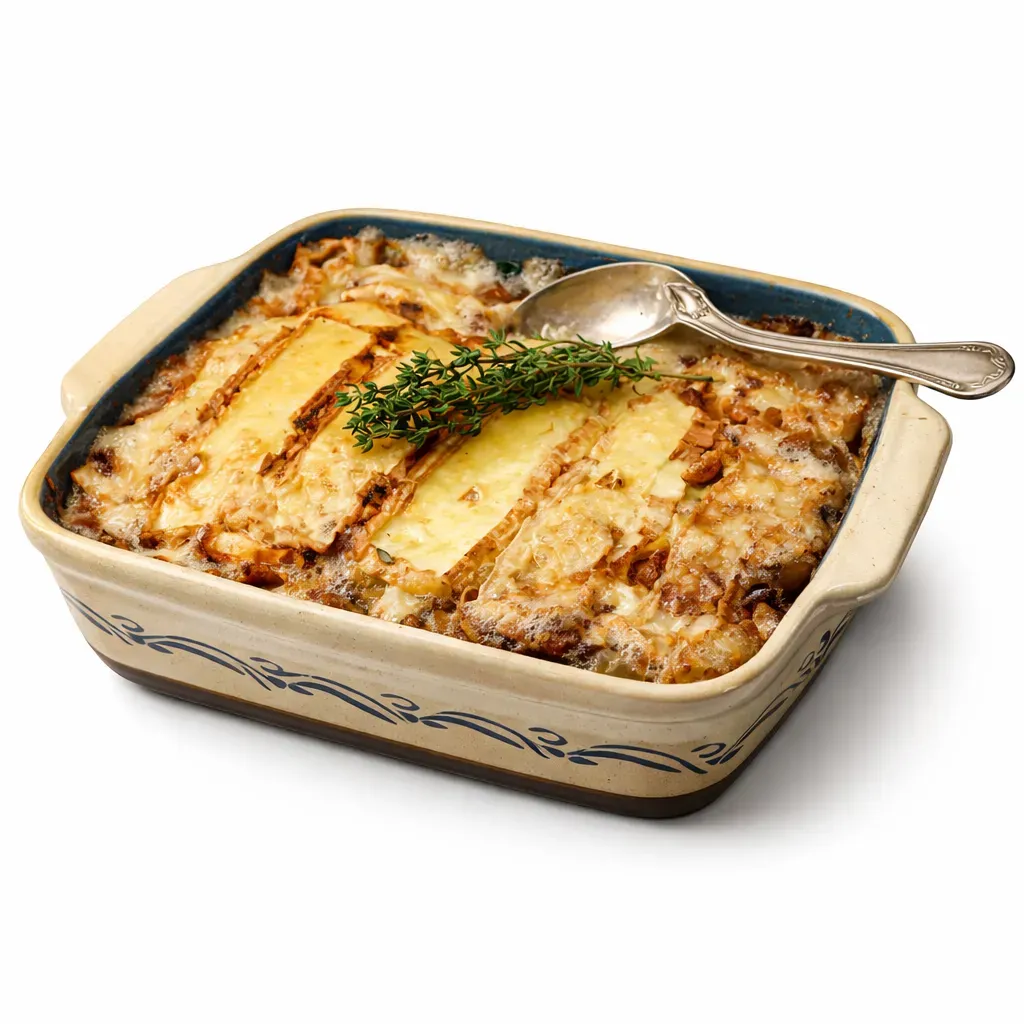 Indulge in a traditional Norman dish featuring tender potatoes, creamy Pont-l'Évêque cheese, and crispy bacon lardons, all baked to perfection.