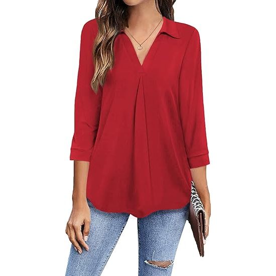 The Newchoice Women's Collared V Neck 3/4 Sleeve Shirts are designed as versatile, business casual tops suitable for various settings, from the office to casual outings. They feature a classic collared V-neck design that adds a touch of elegance to the overall look.