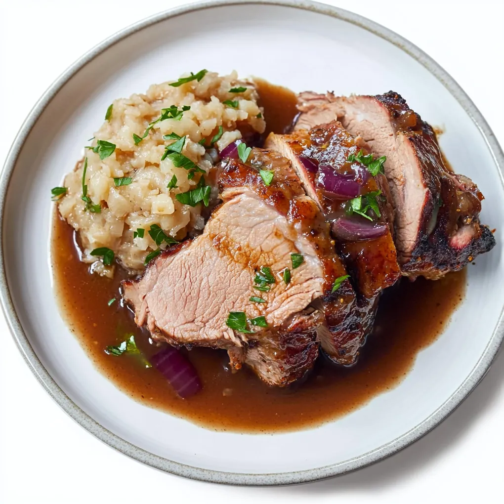 Schweinebraten, or marinated pork roast, is a traditional German dish that features succulent pork marinated in a blend of robust herbs and spices, then slow-roasted to achieve a tender and juicy center with a golden-brown crust.