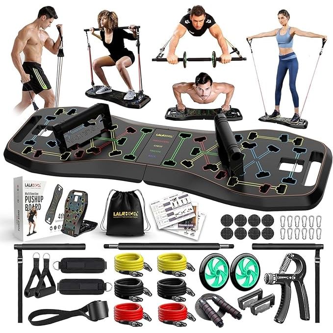 The LALAHIGH Portable Home Gym System is a versatile and compact workout tool that allows users to perform a wide range of exercises and target various muscle groups. This all-in-one system comes with a large push-up board, a Pilates bar, and 20 fitness accessories, including resistance bands and an ab roller wheel.