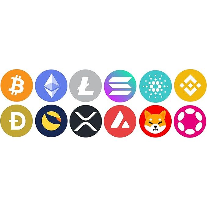 The 12 Pack Top Crypto Stickers includes stickers of popular cryptocurrencies such as Bitcoin, Ethereum, XRP, Cardano, Dogecoin, Terra Luna, Avalanche, Shiba Inu, Solana, and more. Each sticker measures 1 inch in size and comes in full color. 

These stickers are a great way for crypto enthusiasts to show their support for their favorite cryptocurrencies and add some flair to their belongings. They can be used on laptops, smartphones, water bottles, notebooks, and more. 

The pack includes a variety of logos and designs representing different cryptocurrencies, making it a fun and colorful addition to any collection. These stickers are made of high-quality materials and are durable, ensuring long-lasting use. Description by ChatGPT.