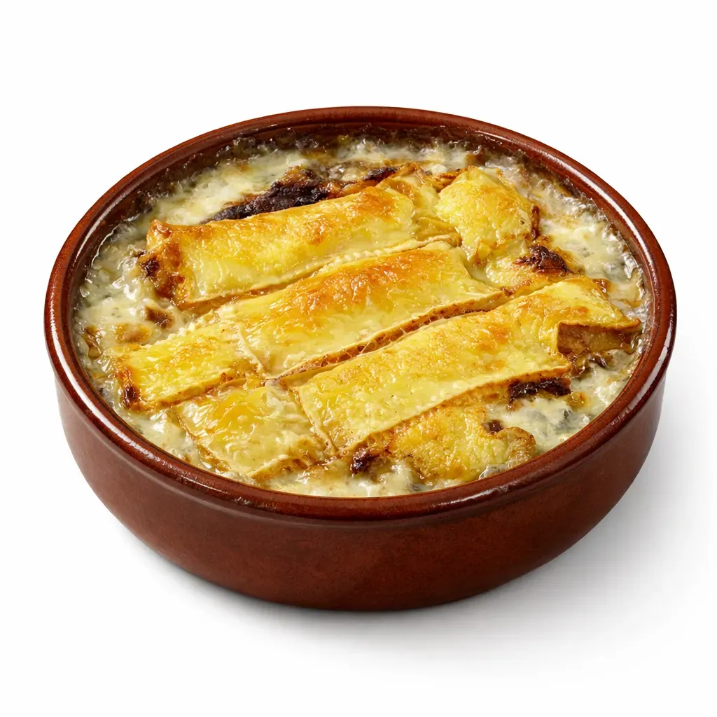 A hearty leek gratin featuring the distinct flavors of Livarot cheese and crispy smoked bacon, perfect for a cozy dinner.