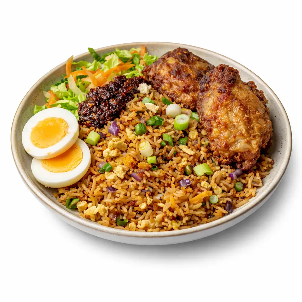 A vibrant Ghanaian street food-inspired fried rice dish featuring crispy fried chicken, fresh salad, and zesty flavors that come together for a delightful meal.