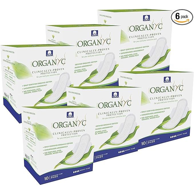 Organyc 100% Certified Organic Cotton Feminine Pads with Wings are designed for heavy flow and high absorbency. Each pack contains 10 pads, and this listing includes a total of 6 packs. These pads are made from 100% organic cotton, making them free from chemicals, pesticides, and synthetic materials.