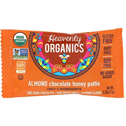 Heavenly Organics Almond Chocolate Honey Patties are a delicious and healthy treat made with 100% organic cocoa and 100% organic raw white honey. Each box contains 40 individually wrapped chocolate-covered almond patties that are perfect for snacking on-the-go or satisfying your sweet tooth.