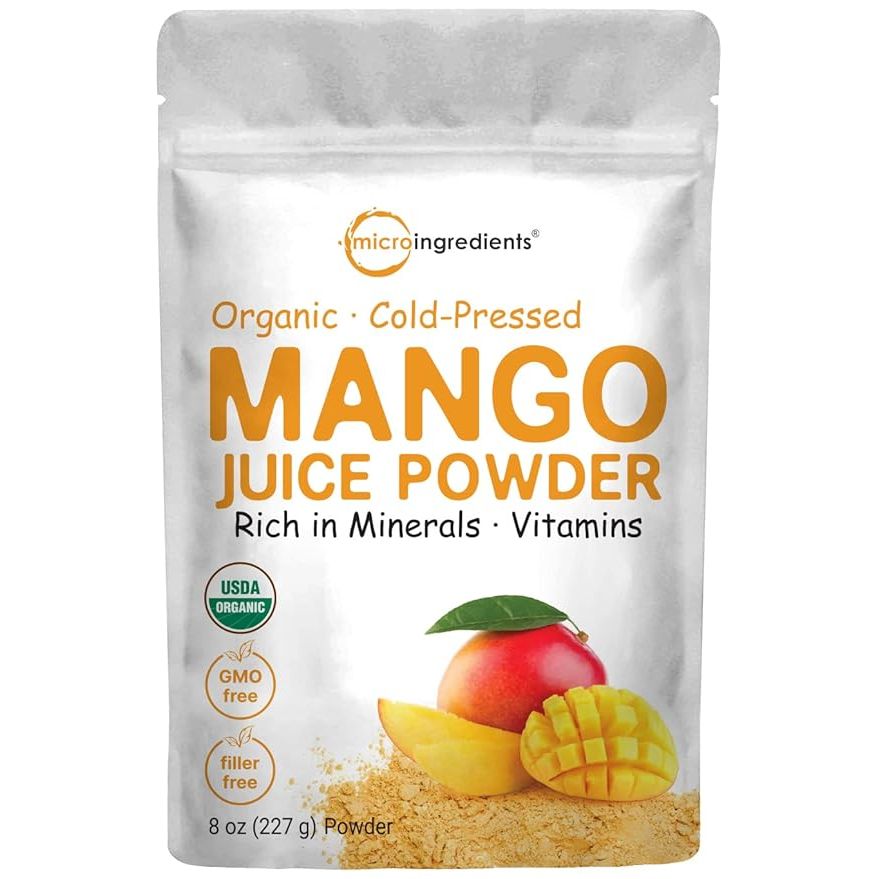 Organic Mango Juice Powder is a natural fruit powder made from cold-pressed mangos, with no added sugar or additives. It is packed in an 8oz container and can be used to add a delicious mango flavor to drinks, smoothies, and other beverages.