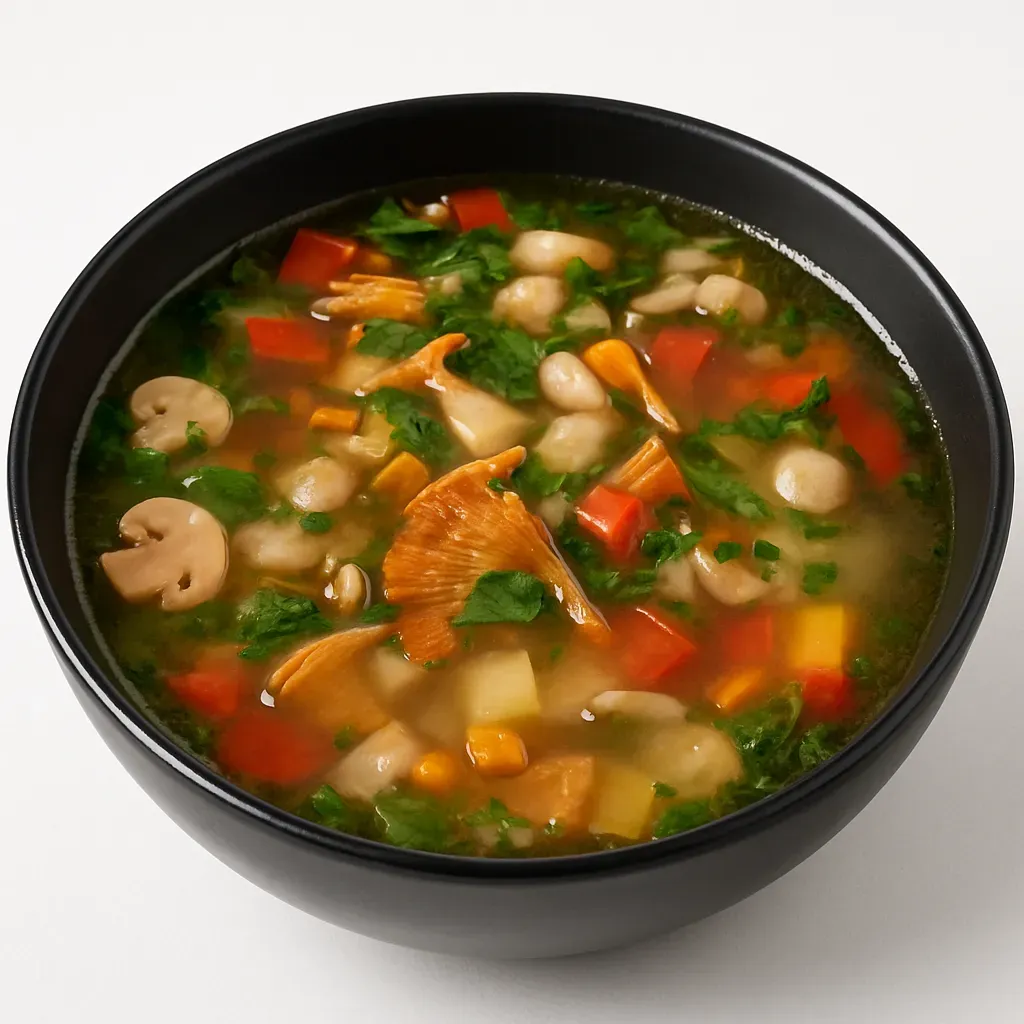 This easy and quick-to-make clear mushroom soup highlights the rich flavors of chanterelles and champignons. Perfect for a cozy dinner, it's a delightful dish that will warm you up in no time.