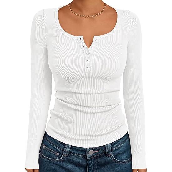 Trendy Queen Long Sleeve Shirts for Women Henley Ribbed Fall Tops Dressy Business Casual Teen Girl Winter Cute Basic Tees image
