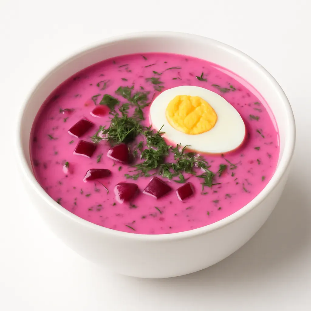 A vibrant and refreshing cold beetroot soup from Lithuania, perfect for warm days and served as an appetizer or light main course.
