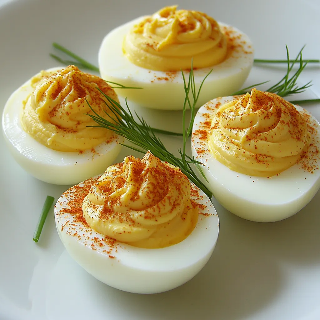 Deviled eggs, also known as stuffed eggs or dressed eggs, are classic appetizers where boiled egg halves are filled with a creamy and tangy mixture. Typically, the yolk is removed from the halved eggs and mixed with ingredients like mayonnaise, mustard, pickles, and spices to create a smooth, flavourful filling.