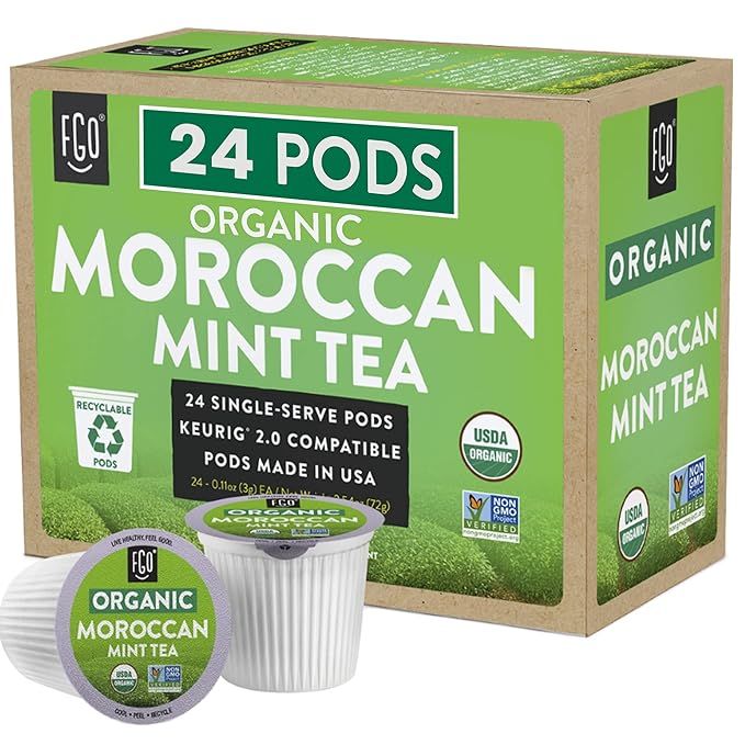 The Organic Moroccan Mint K-Cup Pods by FGO contain 24 pods of premium Moroccan Mint Green Tea, which is USDA organic, non-GMO, and recyclable. These pods are Keurig compatible and provide naturally occurring caffeine, making them a great option for those looking for a refreshing and energizing beverage.