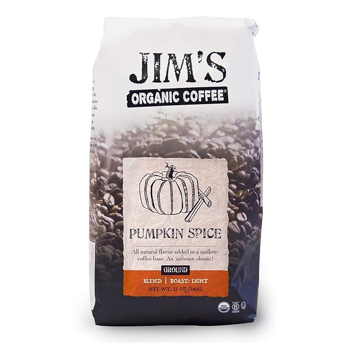 Jim’s Organic Coffee – Pumpkin Spice is an all-natural flavored blend of light roast ground coffee. Each 12 oz bag is made with high-quality, organic coffee beans and infused with the warm and comforting flavors of pumpkin spice. This blend is perfect for those who enjoy a hint of sweetness and spice in their coffee.