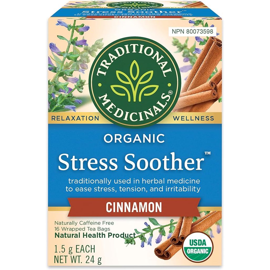 Traditional Medicinals Organic Stress Soother Herbal Tea is a pack containing 16 tea bags designed to help ease stress, tension, and irritability. This herbal tea is made with certified organic ingredients including skullcap herb, catnip herb, fennel fruit, and peppermint leaf.